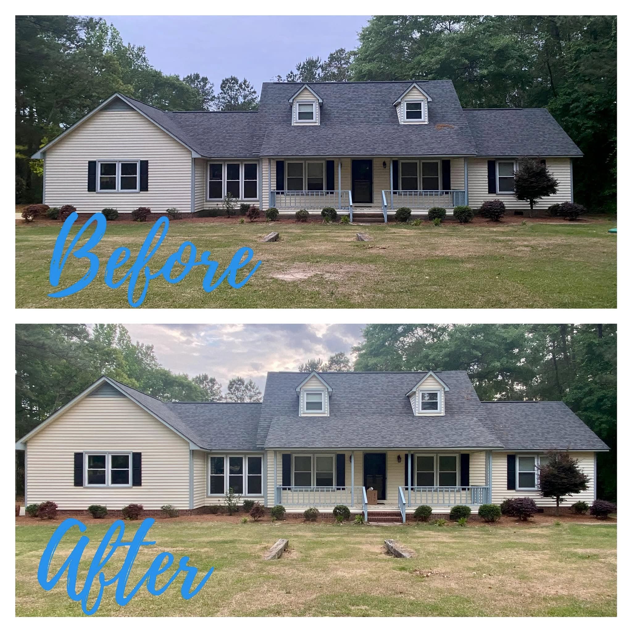 Stacked before-and-after of a cream vinyl-sided ranch home: the top photo shows dull siding, mildew on the wall and a streaked roof, the bottom shows bright siding, clean shutters and a washed roofline.
