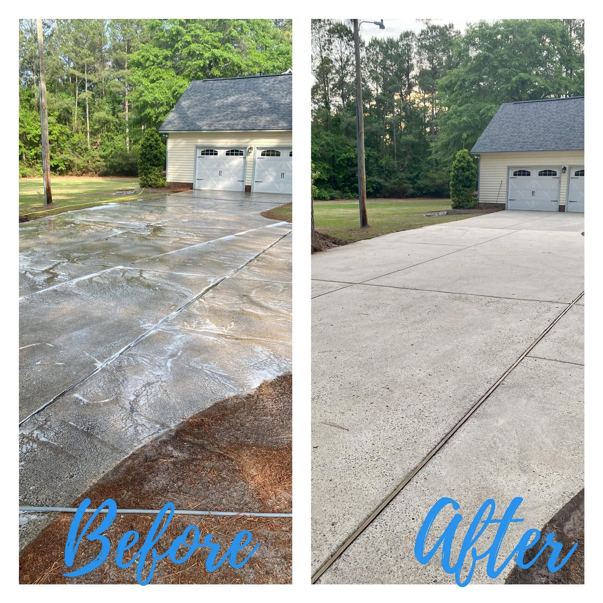 Side-by-side before-and-after of a long driveway in front of a detached garage: the left photo shows water and pine-straw runoff sheeting across the concrete, the right shows dry, evenly clean concrete.