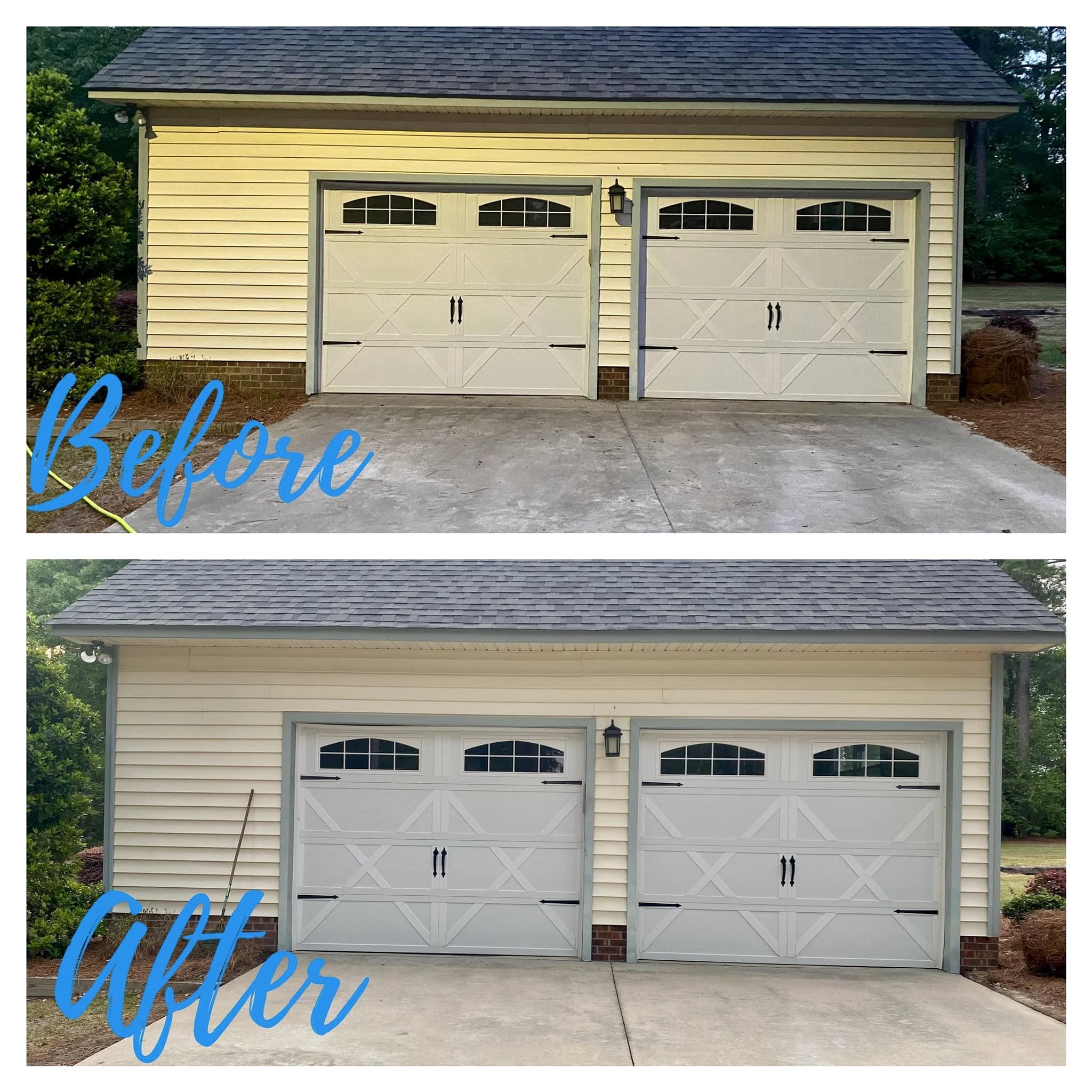 Stacked before-and-after of a two-car garage: the top photo shows yellowed doors and stained concrete, the bottom shows bright doors with clean, even concrete.