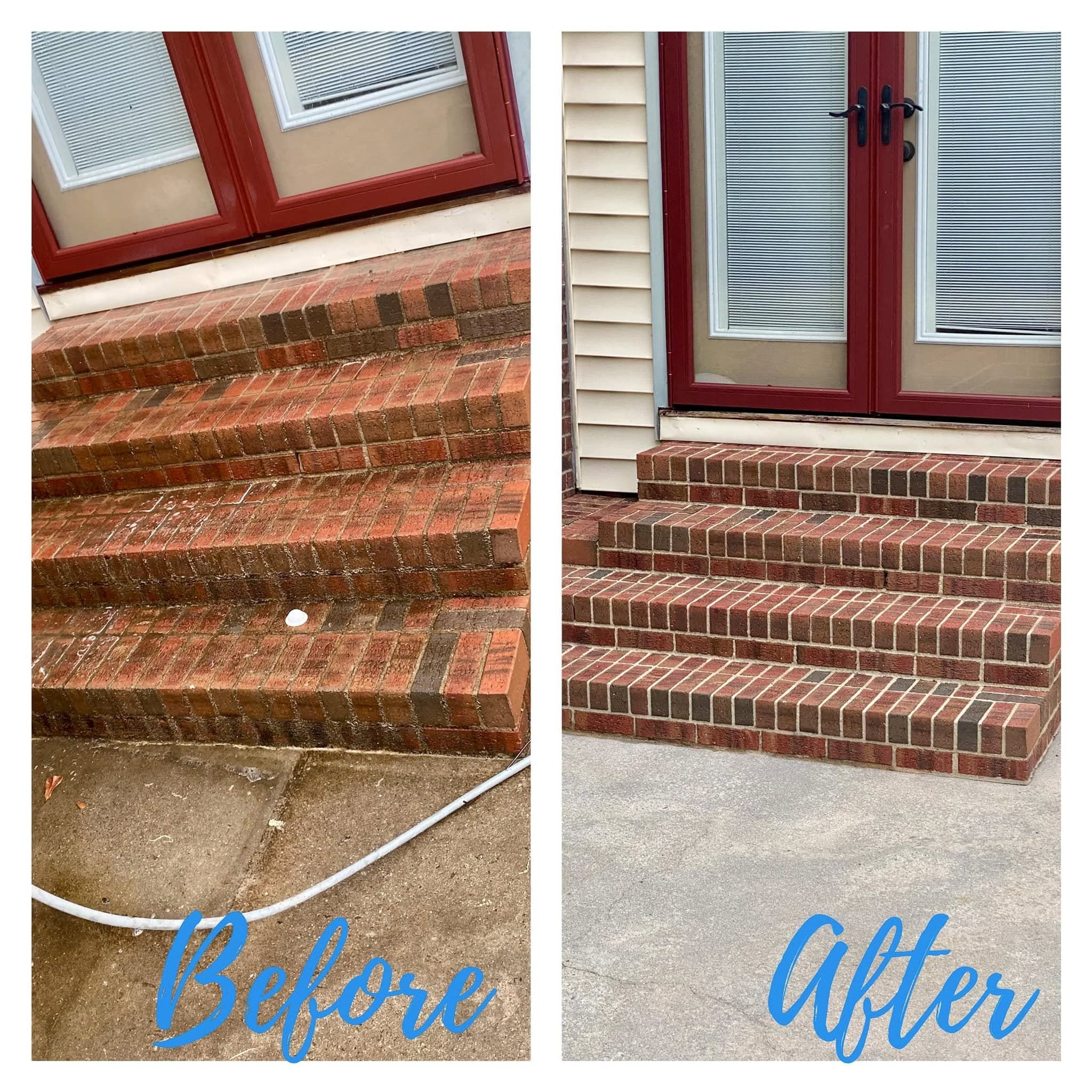 Side-by-side before-and-after of brick porch steps and a red-framed door: the left photo shows dark, mildewed brick, the right shows clean brick with bright mortar joints and a clean stoop.